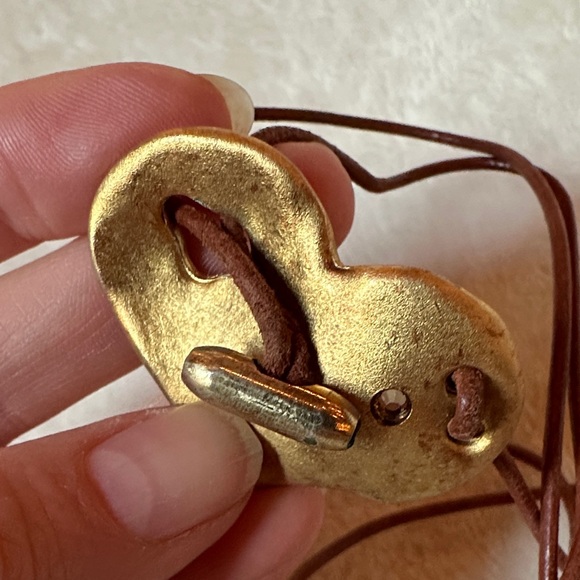 Gold Heart Pendant Necklace with Leather Brown Cord Crystal accent - Picture 3 of 11